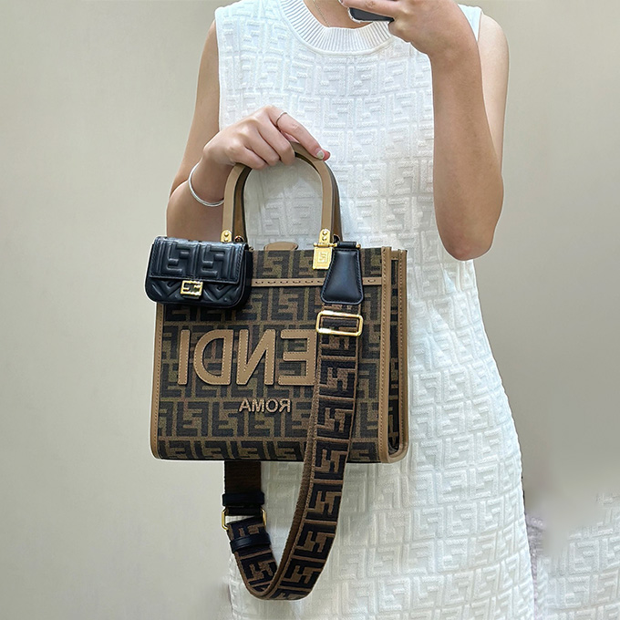 fendi roma ff jacquard leather trim small tote handbag